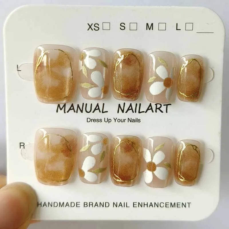 10Pcs 3D Embroidery Feel Colorful Flowers Caramel Iced Coffee Camellia Gilded Gold Wearing Armor Press on Nails Trend Nail Art