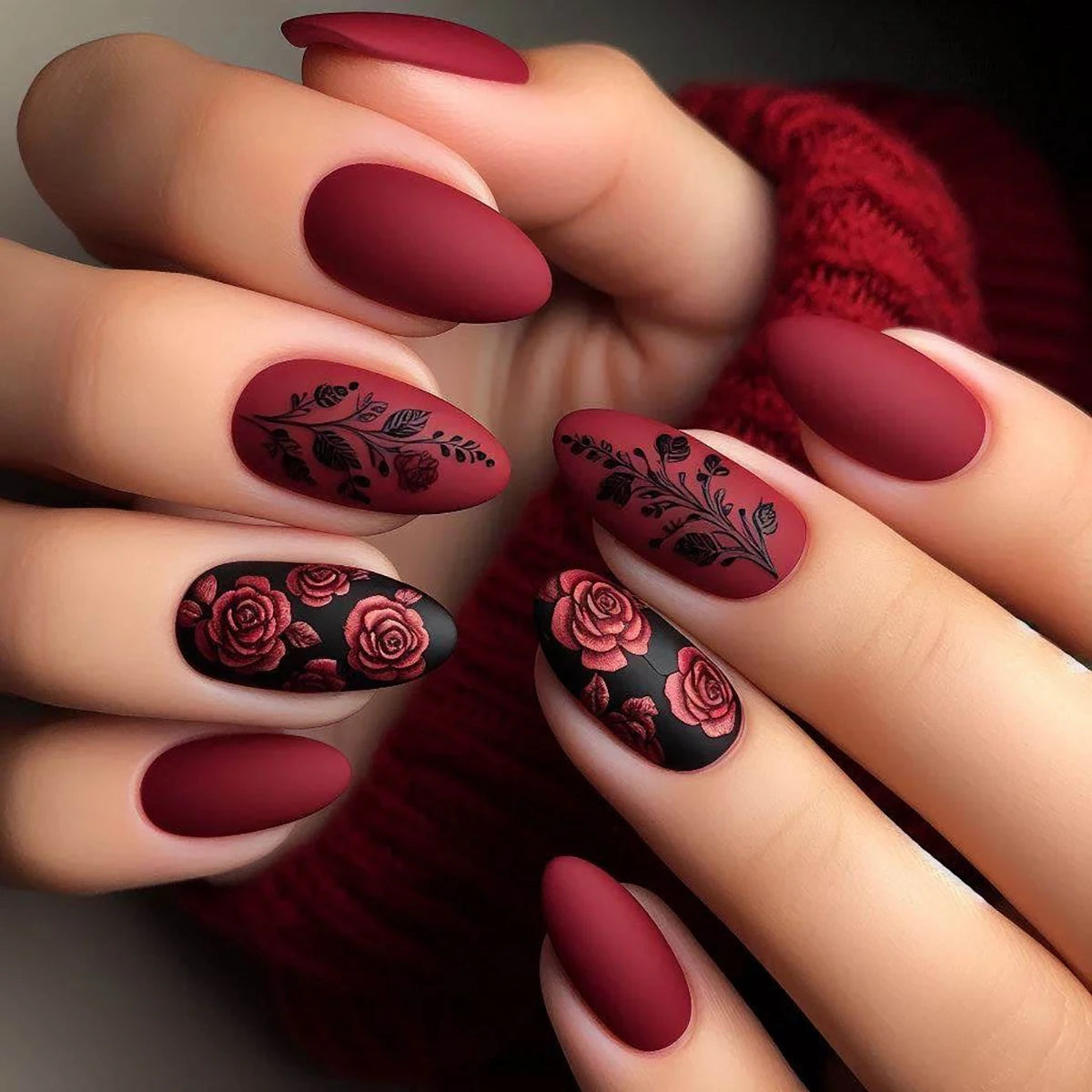 24 pieces of long almond-shaped pure red matte texture diamond-shaped check glitter French wear nail piece & 1 rub strip & 1 jel