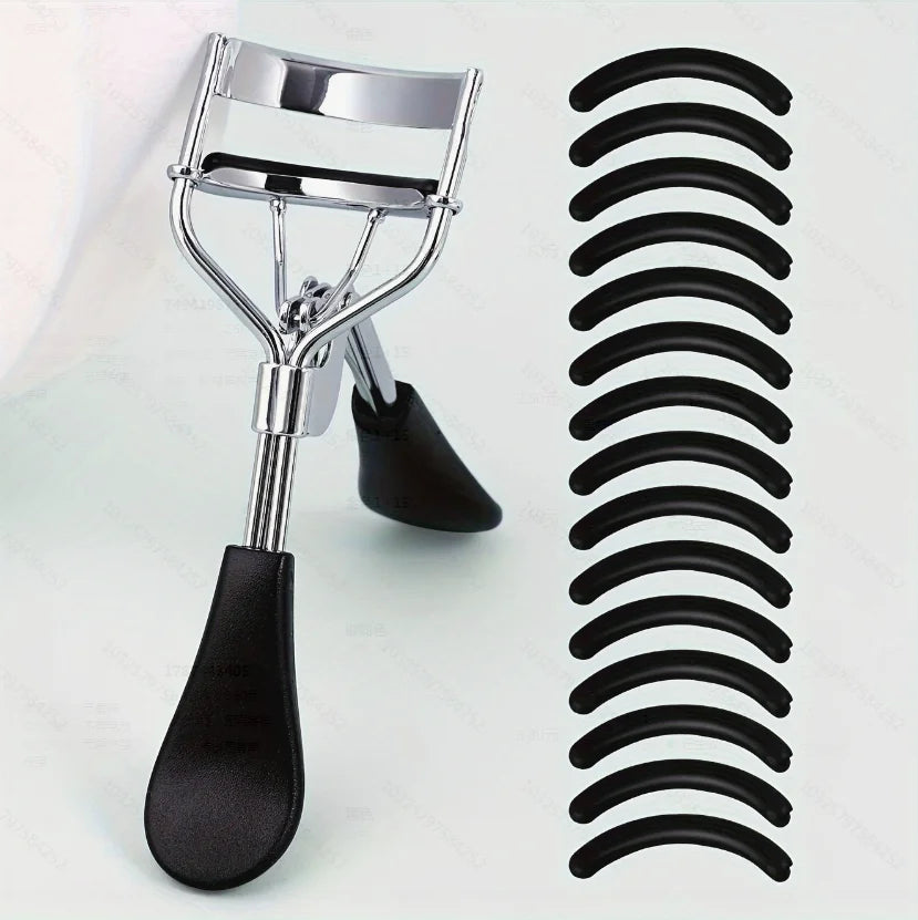 Portable Eyelash Curler with 15 Silicone Pads and Stainless Steel Eyelash Curler, Used for Eyelash Extensions and Curling Tools