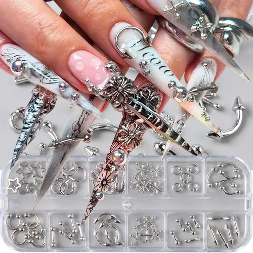 12 Grids Punk Silvery Gothic Punk Nail Charms Studs Metal Rivets Alloy Piercing Grunge DIY Nail Art Decoration Y2K Nail Supplies