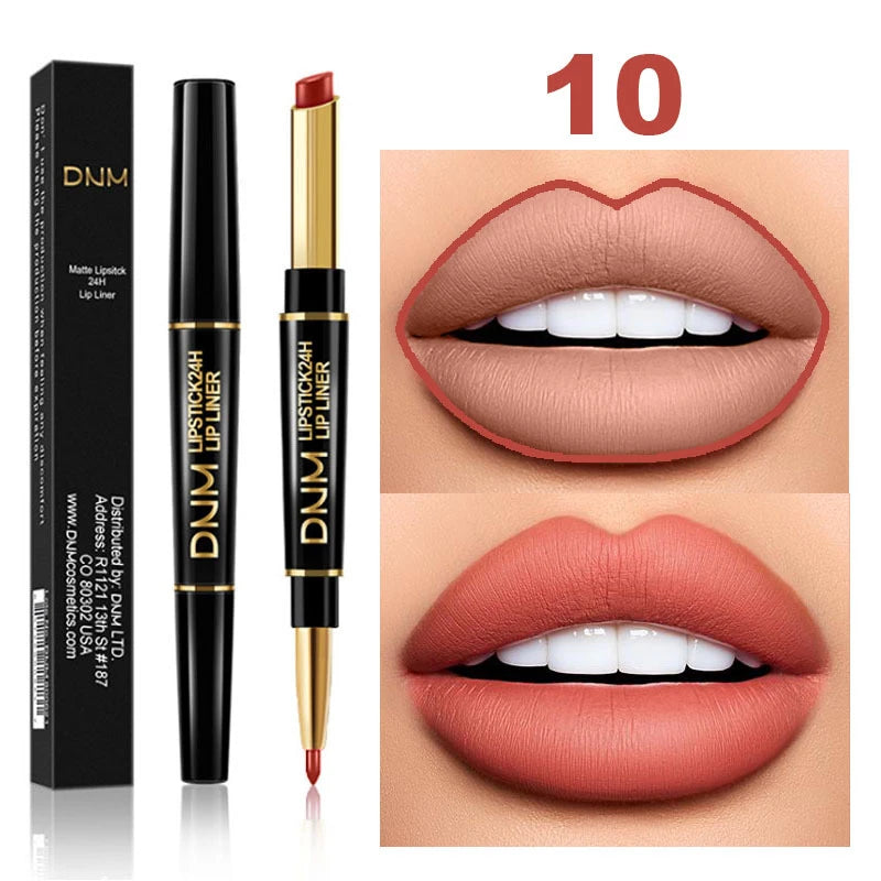 DNM 2 In 1 Matte Lipstick Pencil Double Head Lip Liner Pen Long Lasting Waterproof Lady Charming Nude Red Lipliner Pencil Makeup