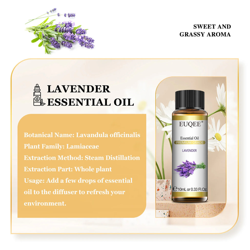 EUQEE 10ml Pure Natural Essential Oil Lavender Jasmine Eucalyptus Vanilla Sandalwood Sweet Orange Lemon Oregano Rose Fragrance