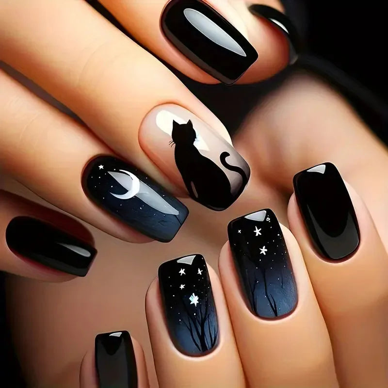 24PCS Design Short Square Shiny Black Cat Acrylic Fake Nail Glue And Blue Gradient Paste Suitable For Women And Girls