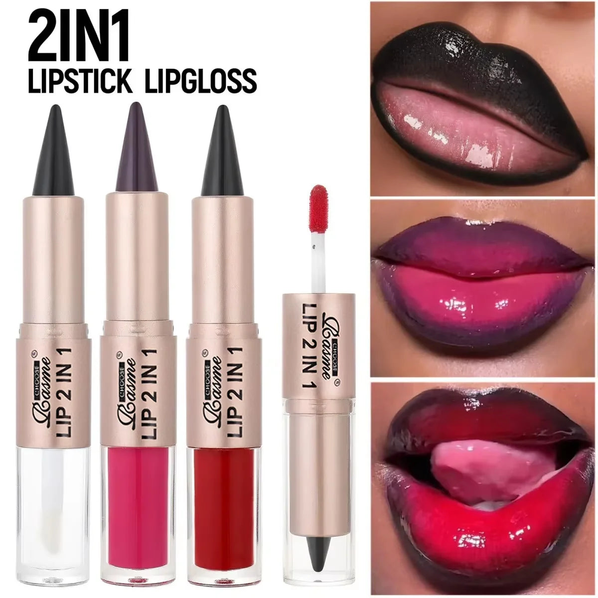 2-in-1 Lipstick & Lip Gloss, Dual-End Design, Waterproof Long-Lasting Lip Liner, Moisturizing Glossy Finish for Plump Lips