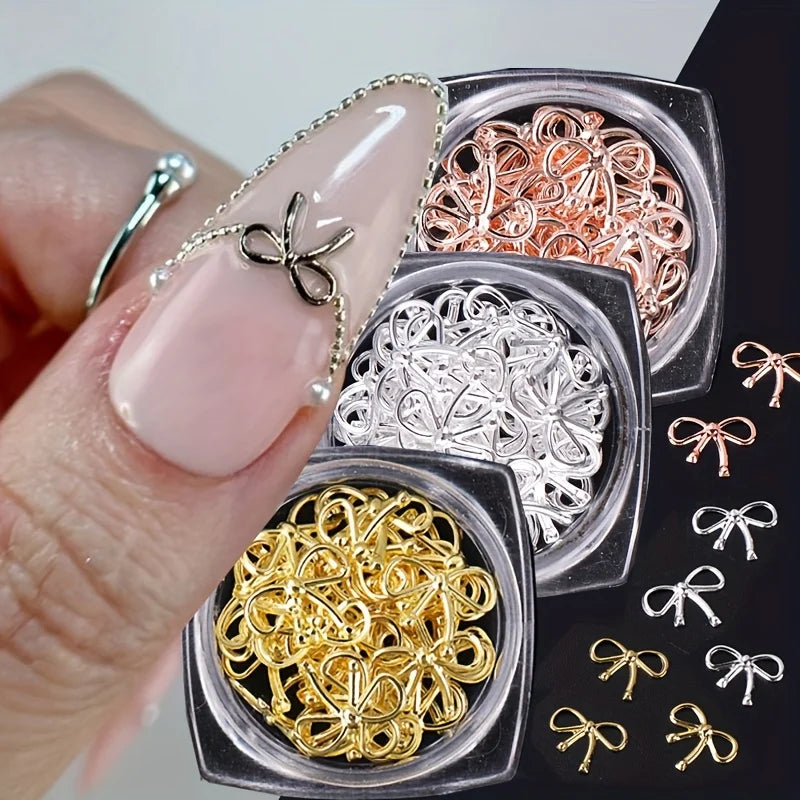 3 Bottle Metal Willow Bows Nail Decoration Gold Silver 3D Bowknot Design DIY Charm Elegant Metallic Jewelry Manicure Accessoires