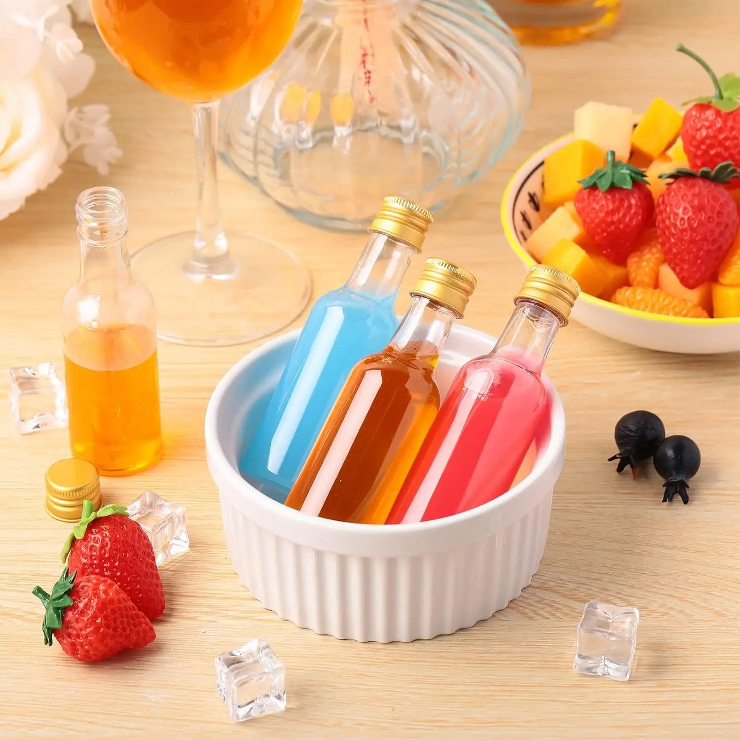20 Mini Wine Bottles with Gold, Silver or Black Lid, 1.7 oz Plastic Small Cups with 2 Funnels - Reusable Party, Sample and Spirits Drink Container