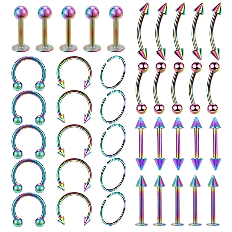 40PCS Surgical Steel Body Piercing Jewelry Lot Bulk Nose Ring Tongue Bar Lot Eyebrow Labret Piercing Set Horseshoe Ring Lot Pack