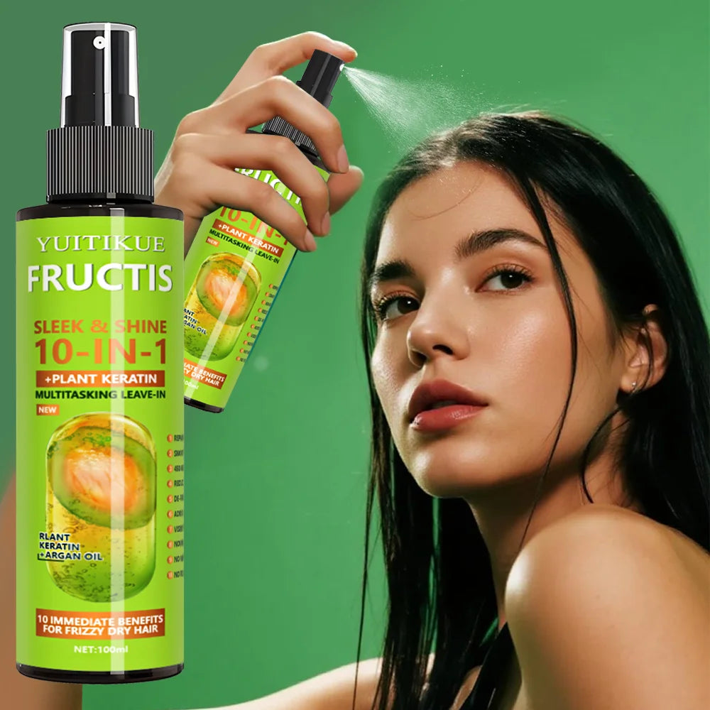 10-in-1 Hair Spray, Containing Plant Keratin, Offers 10 Major Benefits for Dry and Frizzy Hair, Including Repair and Smoothing.