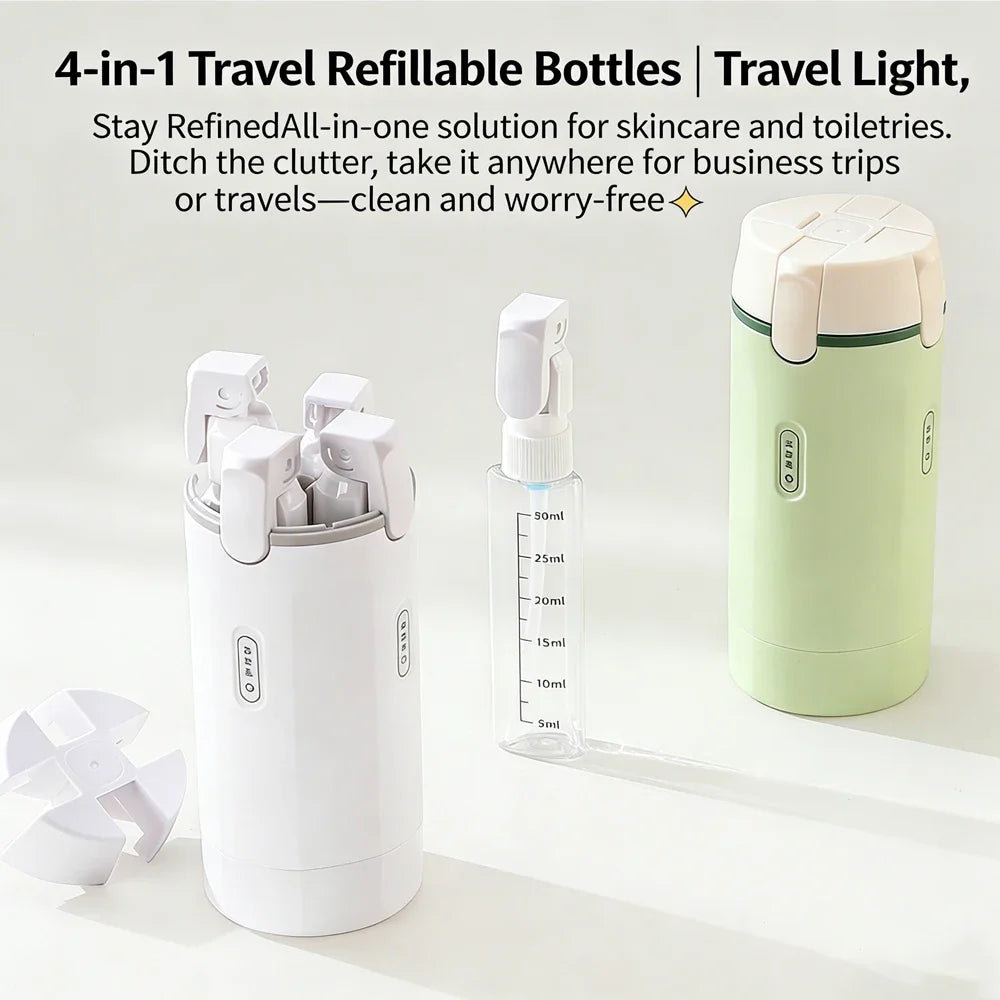 4-in-1 Travel Refillable Bottles, Portable Toiletries and Cosmetics Containers for Shampoo, Body Wash, Travel Storage Bottles