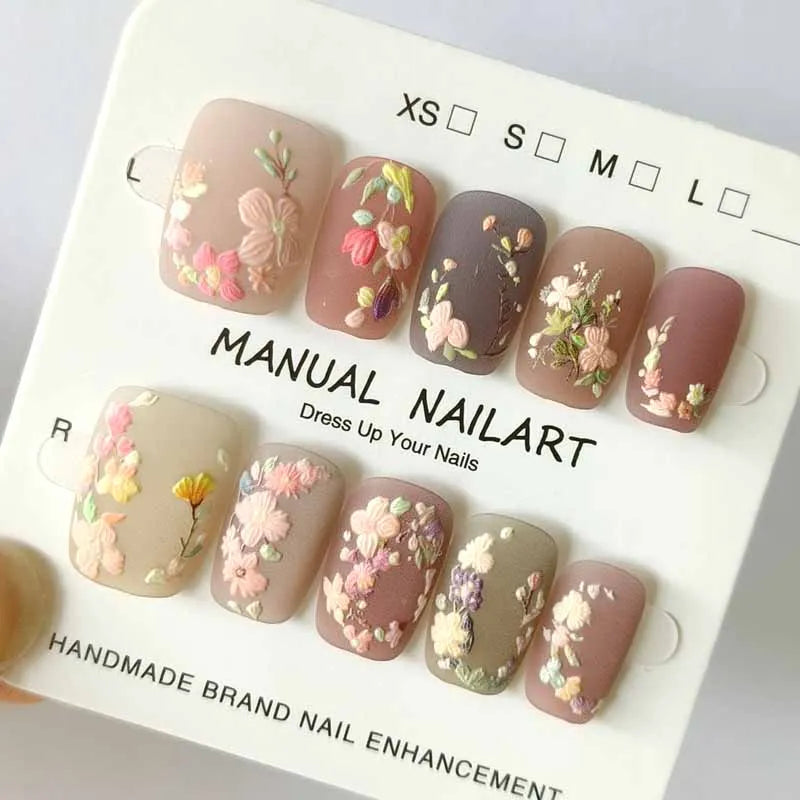 10Pcs 3D Embroidery Feel Colorful Flowers Caramel Iced Coffee Camellia Gilded Gold Wearing Armor Press on Nails Trend Nail Art