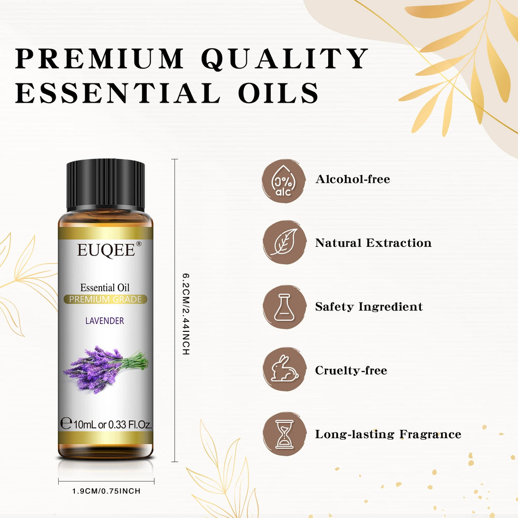 EUQEE 10ml Pure Natural Essential Oil Lavender Jasmine Eucalyptus Vanilla Sandalwood Sweet Orange Lemon Oregano Rose Fragrance
