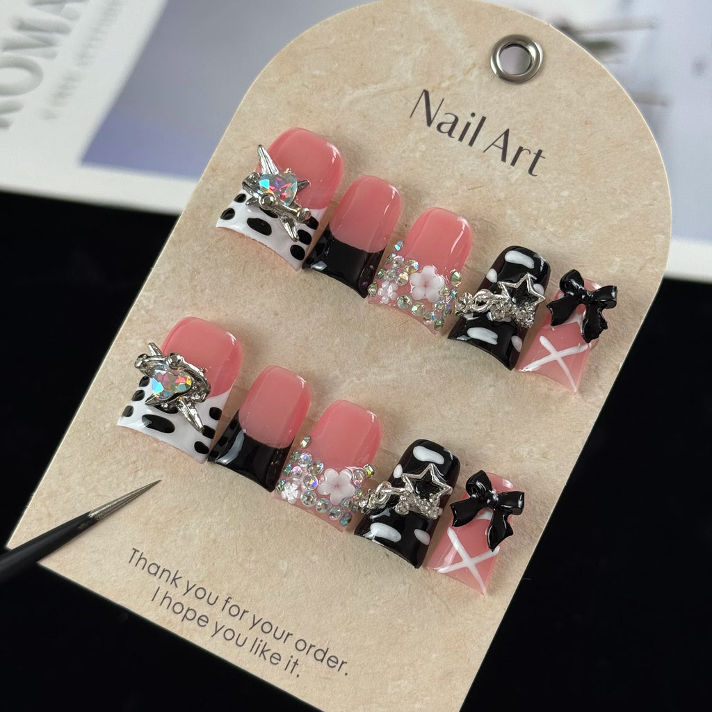 10pcs high-end Sweet and cool girl style, hand-painted three-dimensional bows, stars, and glittering diamonds handmade fake nail
