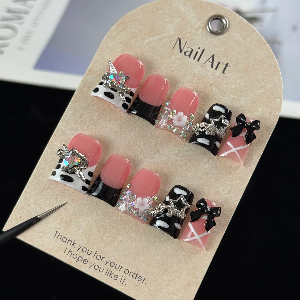 10pcs high-end Sweet and cool girl style, hand-painted three-dimensional bows, stars, and glittering diamonds handmade fake nail