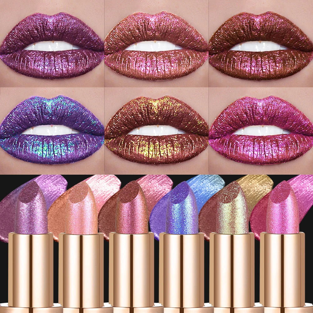 Metallic Violet Chameleon Lipstick Color Changing Matte Glitter Diamond Lipstick Waterproof Pearl Shine Lip Gloss Sexy Makeup