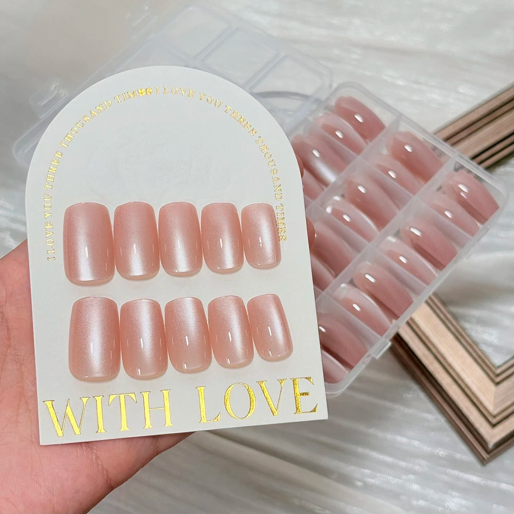 144Pcs/Box Nude Pink Cat's Eye Press On Nails Glossy Short Round Head Fake Nail Detachable Full Cover False Nailtip DIY Manicure
