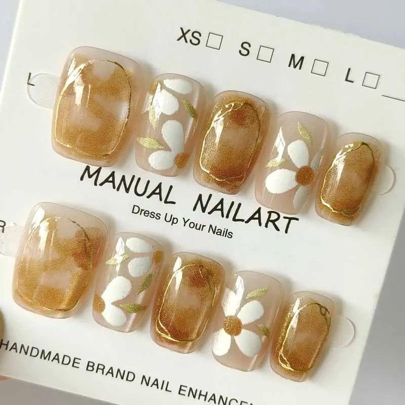 10Pcs 3D Embroidery Feel Colorful Flowers Caramel Iced Coffee Camellia Gilded Gold Wearing Armor Press on Nails Trend Nail Art