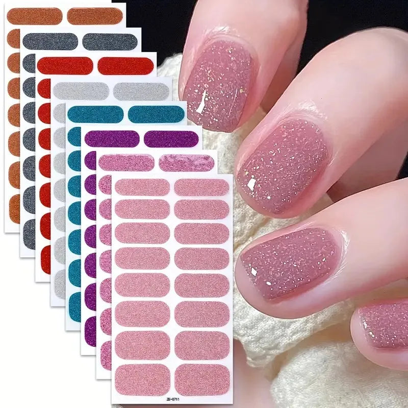 8 Sheets of Full-Wrap Nail Polish Strips, Pink Glitter Self-Adhesive Gel Nail Stickers, Suitable for Women's DIY Home Use Nail Art Supplies and Nail Kits