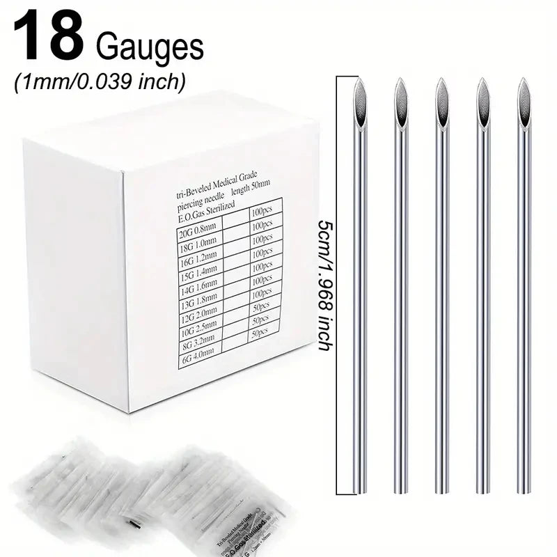 Disposable Sterile Body Piercing Needle 0.8/1 /1.2/1.4/1.6mm Stainless Steel for Ear Nose Belly Tongue Eyebrow Piercer Tools