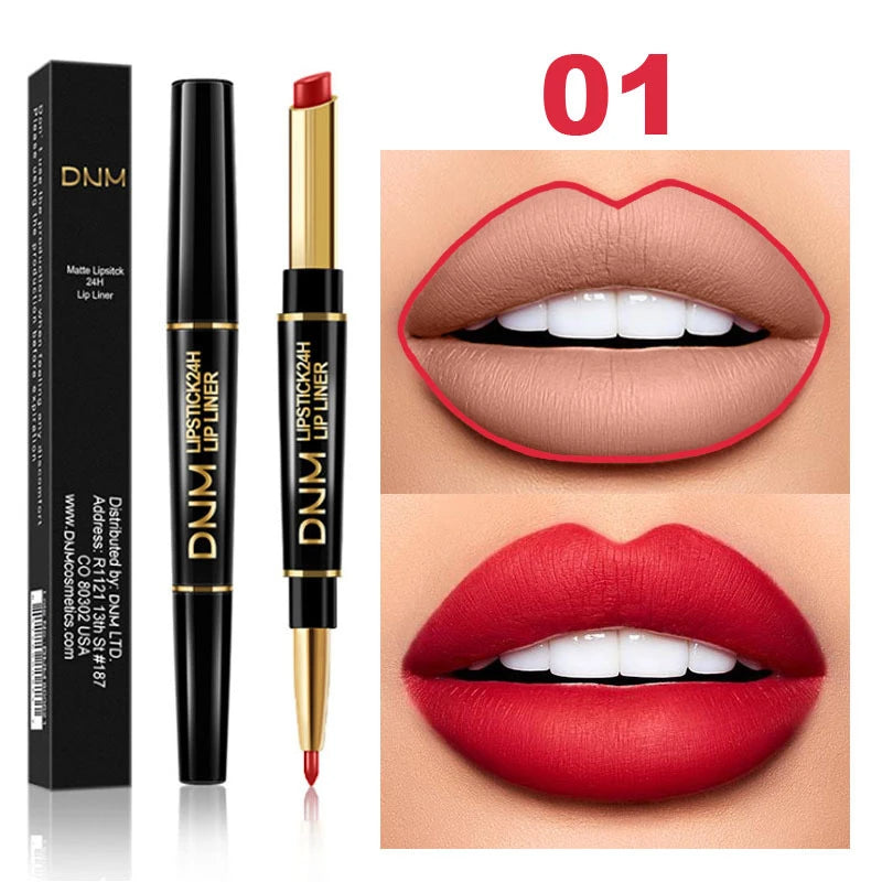 DNM 2 In 1 Matte Lipstick Pencil Double Head Lip Liner Pen Long Lasting Waterproof Lady Charming Nude Red Lipliner Pencil Makeup