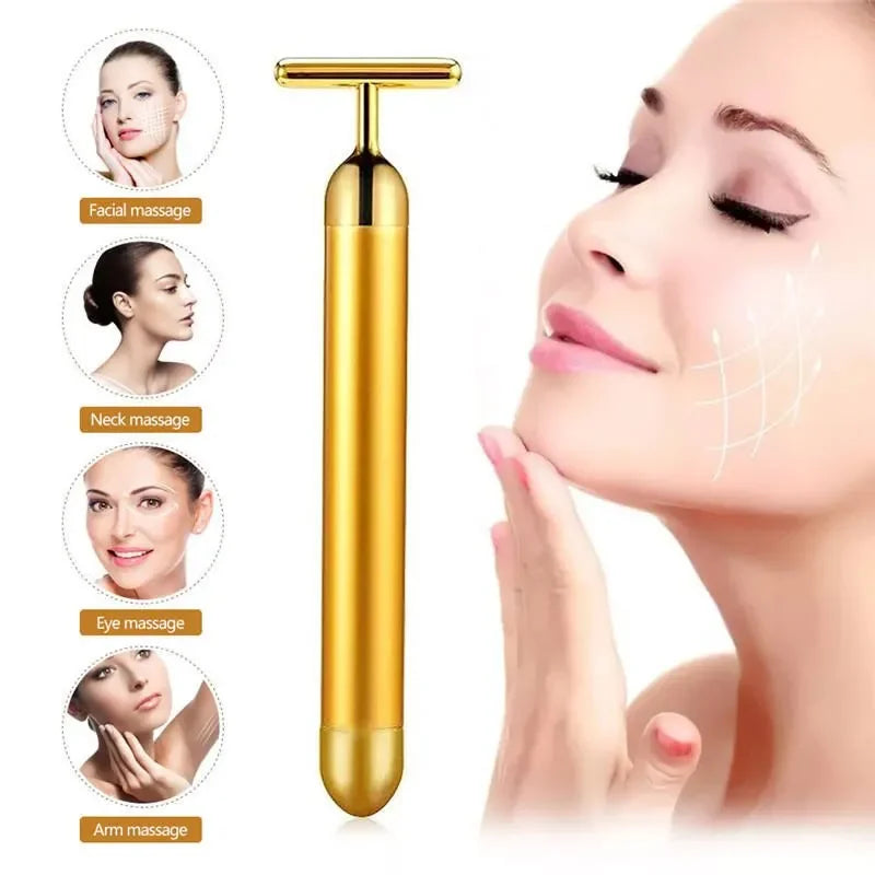 24K Electric Face-Lifting Rose Gold Stick T-Shaped Tacial Massager Skin Tightening Electric Beauty Instrument