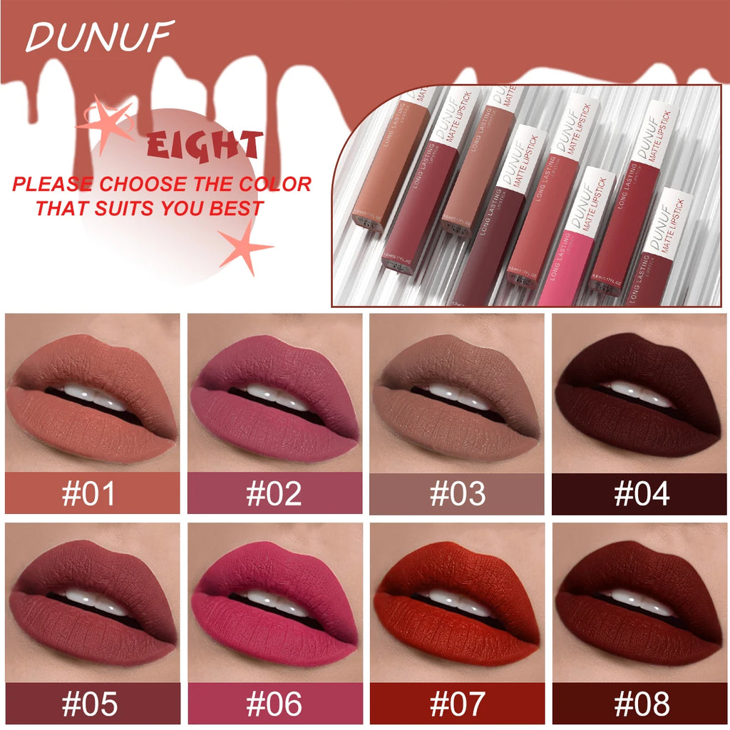 Long-Lasting Lip Gloss Lipstick 8pcs/set: Matte Non-Stick Cup Waterproof Nude Deep Red Mauve Christmas And Valentine's Day Gifts