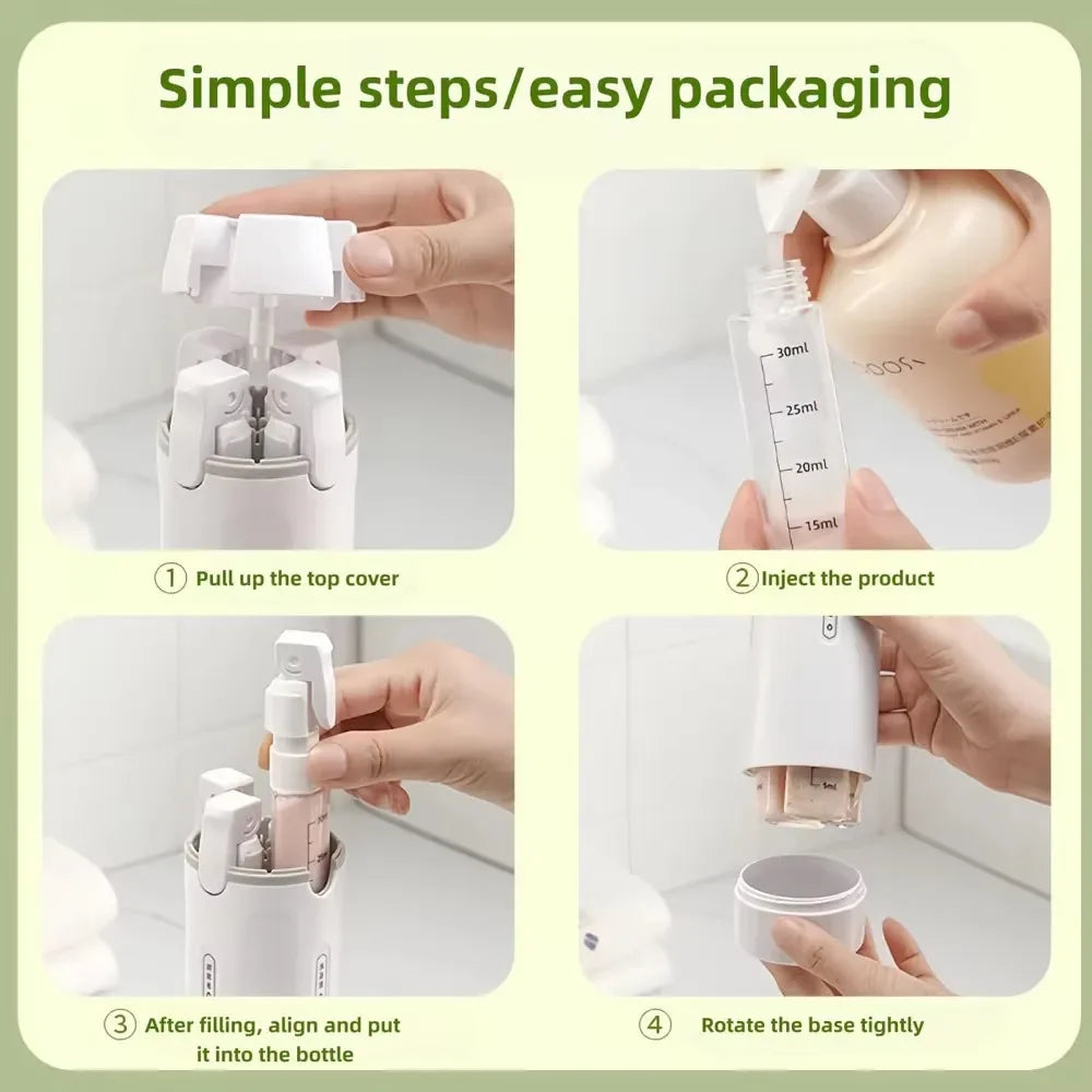 4-in-1 Travel Refillable Bottles, Portable Toiletries and Cosmetics Containers for Shampoo, Body Wash, Travel Storage Bottles