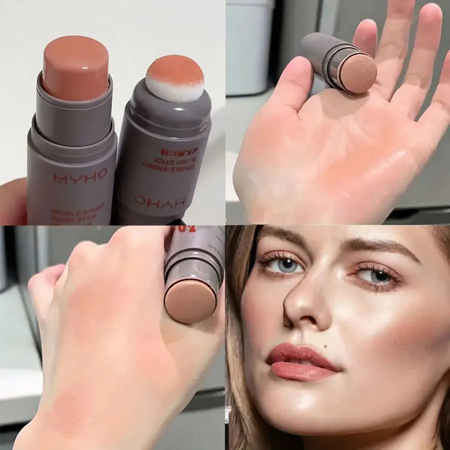 Double Head Sponge Monochrome Powder Blusher Lip and Cheek Dual-Use Durable Matte Natural Rouge Powder Blusher Stick Light Natur