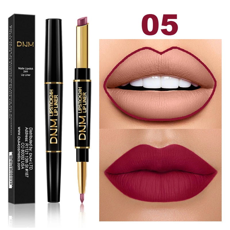 DNM 2 In 1 Matte Lipstick Pencil Double Head Lip Liner Pen Long Lasting Waterproof Lady Charming Nude Red Lipliner Pencil Makeup