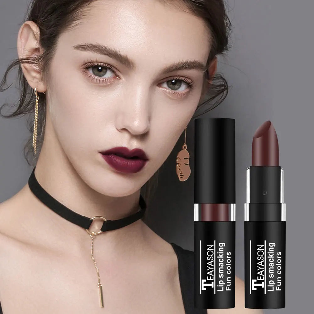 TEAYASON Matte Lipsticks 12 Colors Waterproof Long Lasting Lip Stain Non-stick Cup Sexy Red Black Lipstick Pigment Lip Cosmetics
