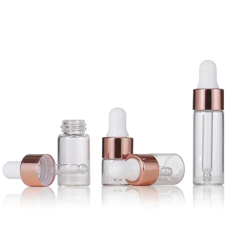 10pcs Mini Dropper Bottles Glass Empty Essential Oil Aromatherapy Bottles 1ml 2ml 3ml 5ml Rose Gold Cap Pipettes Bottles