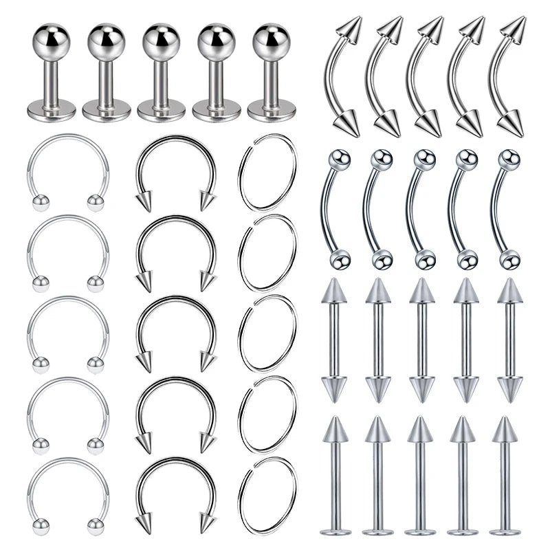 40PCS Surgical Steel Body Piercing Jewelry Lot Bulk Nose Ring Tongue Bar Lot Eyebrow Labret Piercing Set Horseshoe Ring Lot Pack