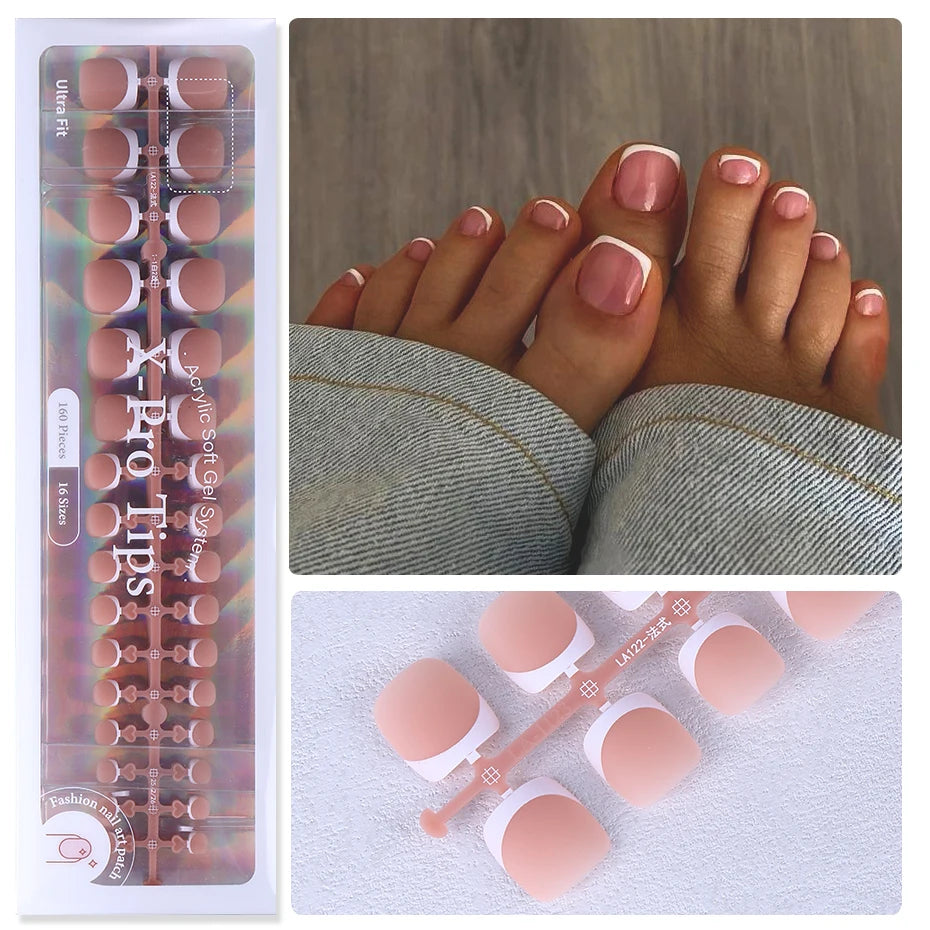 160pcs Fake Toe Nail Tips Pink French Short Square Full Cover Natural Artificial Acrylic Fake Press On Toenails For Nail Salons