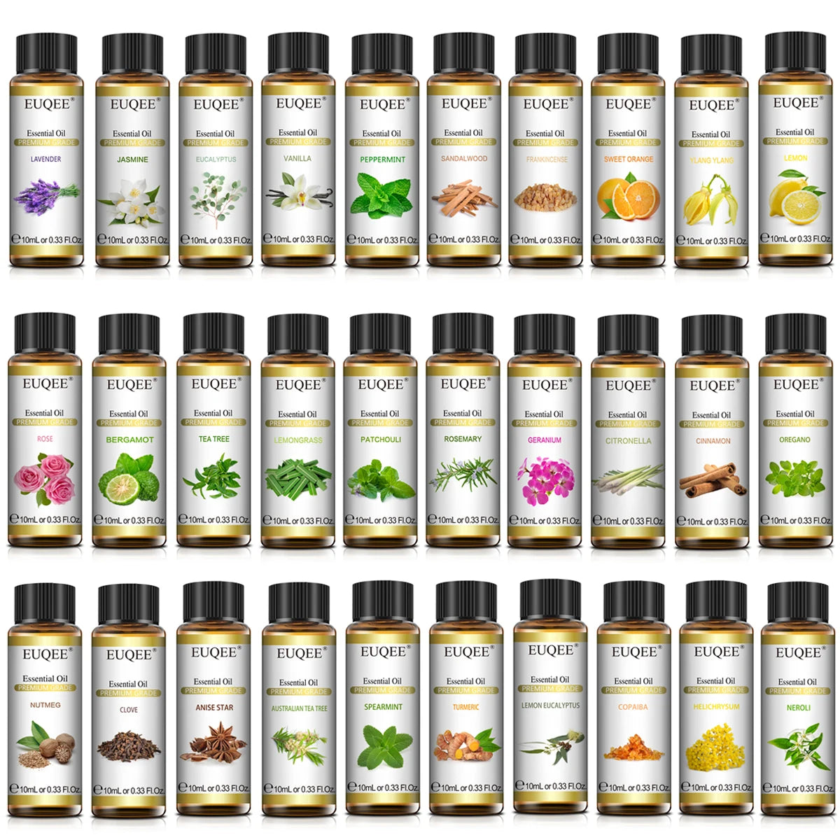 EUQEE 10ml Pure Natural Essential Oil Lavender Jasmine Eucalyptus Vanilla Sandalwood Sweet Orange Lemon Oregano Rose Fragrance