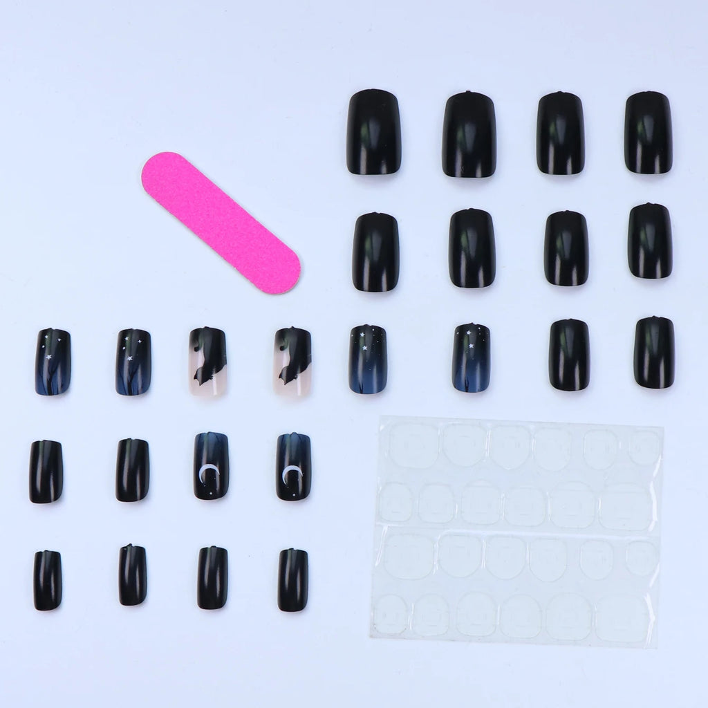 24PCS Design Short Square Shiny Black Cat Acrylic Fake Nail Glue And Blue Gradient Paste Suitable For Women And Girls