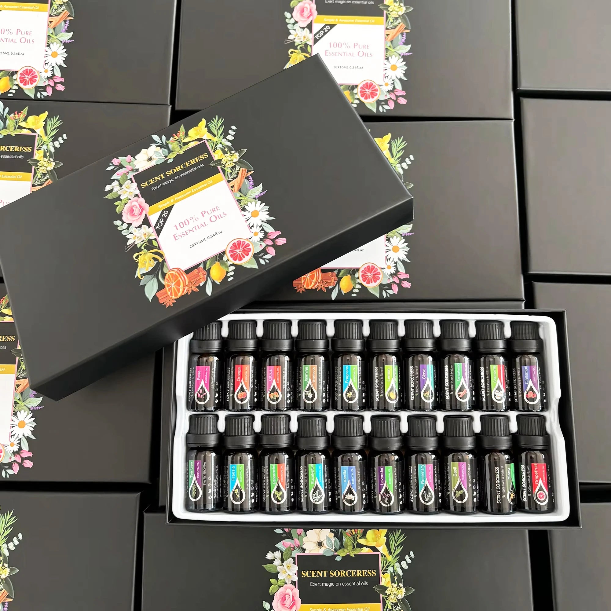 20pcs/set Black Classic Essential Oil Set Lavender Eucalyptus Sweet Orange Lemon Fragrance Oil Spa Body Massage Essential Oils