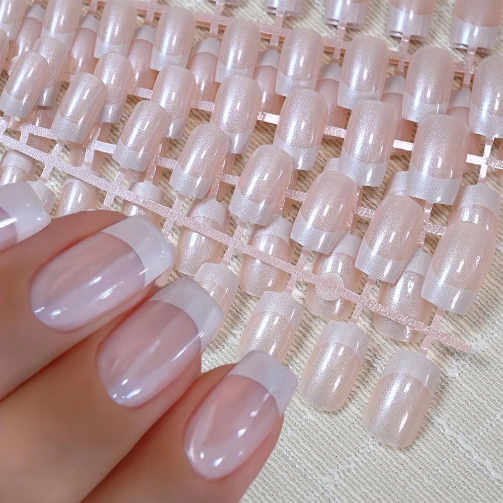 120pcs French Pearlescent Fake Nails Short Almond Full Cover Press On Nail White Edge Design 12Sizes Pink French-False Nail Tips