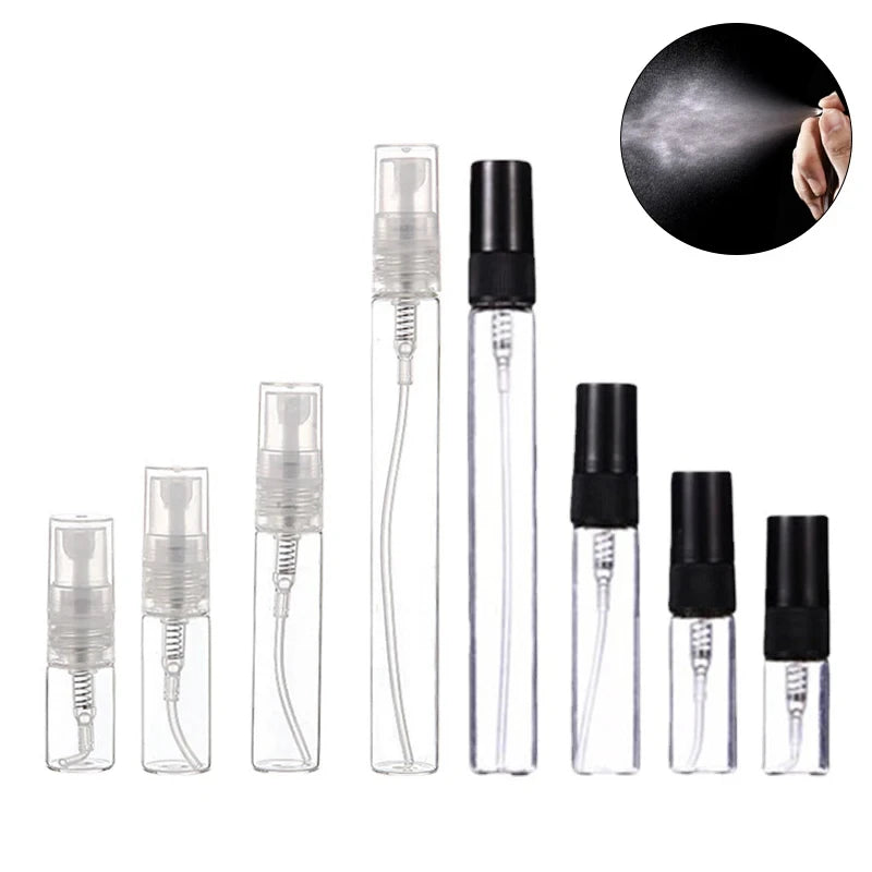 50pcs+4 Accessories 10ML Refillable Glass Spray Bottle with 50 Spray Bottles, 1 Dropper, 1 Funnel, 1 Dispenser, 1 Syringe
