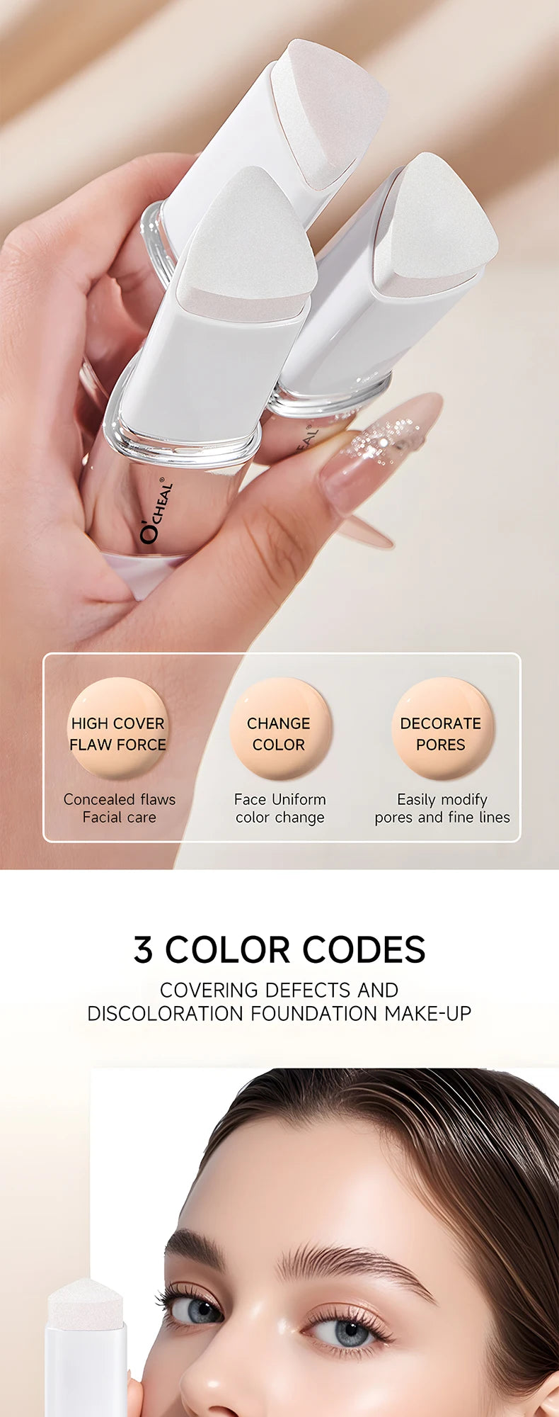 O'CHEAL Temperature Changing Foundation Stick Facial Coverage Blemishes Pores Double-Headed Face Matte Makeup Foundation Cream