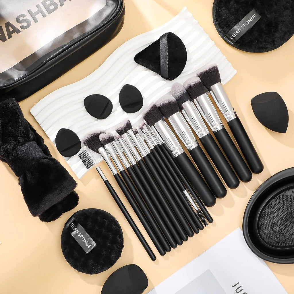 16Pcs Professional Makeup Brush Set Eye Shadow Contouring Foundation Highlight Setting Powder Blending Makeup Sponge Powder Puff