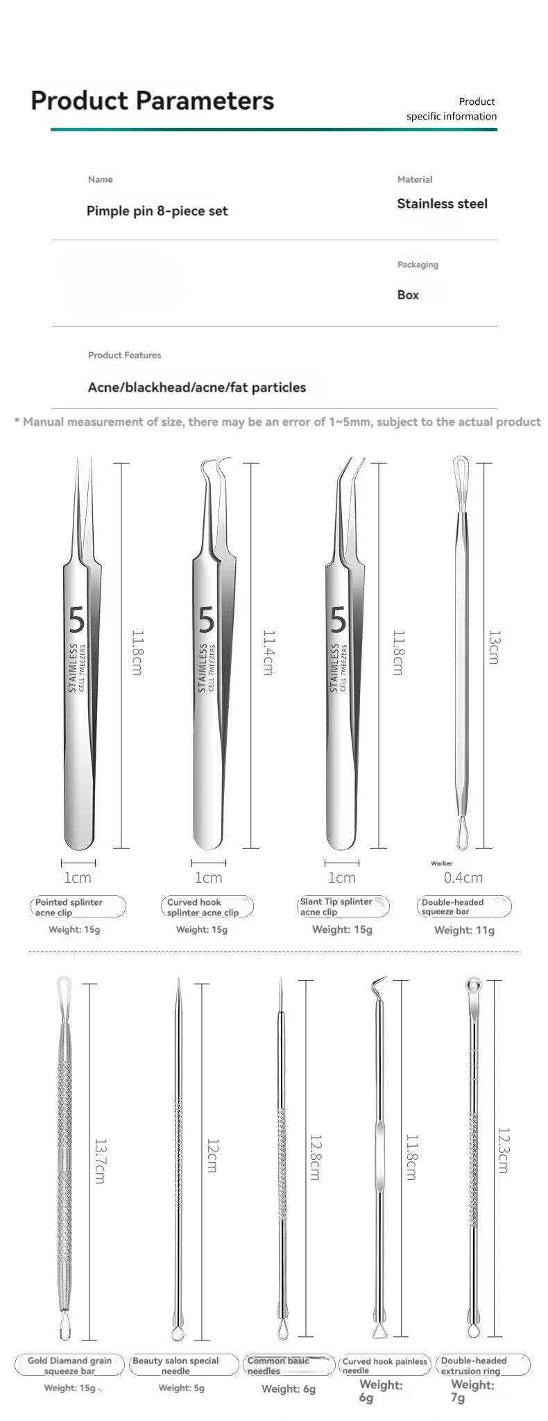 1-11PCS Stainless Steel Acne Clip, Cell Clip, Blackhead Clip, Acne Needle, Beauty Salon Acne Tool