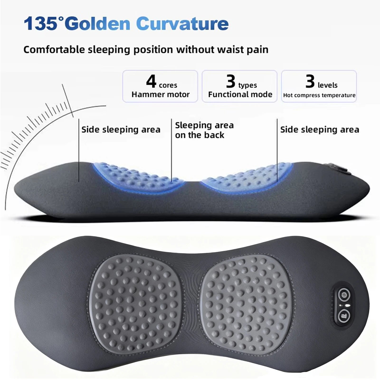 Heating Vibration Massage Pillow Electric Lumbar Support Pad Bed Sleeping Waist Protection Cushion Lying Flat Waist Pain Relief