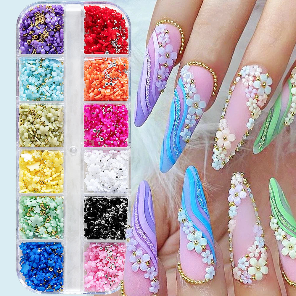 1Box 3D Pink/White Acrylic Flower Nail Charms with Gold&Silver Steel Beads Nail Art Decorations DIY Crafts Manicure Accessories