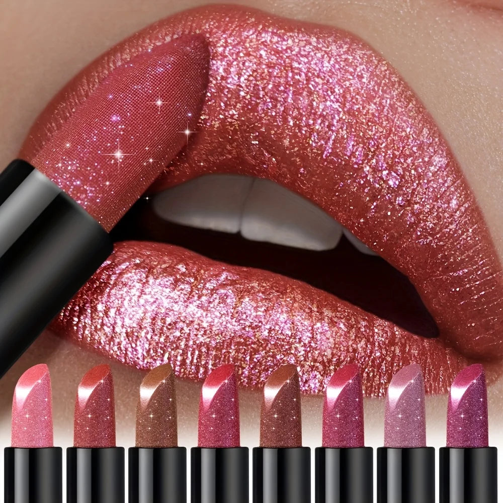 Metallic Shimmer Lipstick, Pearly Glitter Shine, Creamy Texture, High Color Payoff, Smooth Apply, Party Makeup
