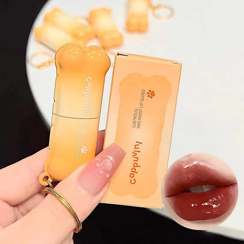 PINKCOCO Bear Doodle Mirror Lip Glaze — Long-Lasting Shiny Lip Gloss, Student-Friendly, Skin-Brightening Nude Lipstick