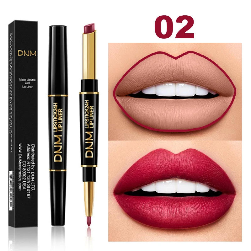 DNM 2 In 1 Matte Lipstick Pencil Double Head Lip Liner Pen Long Lasting Waterproof Lady Charming Nude Red Lipliner Pencil Makeup