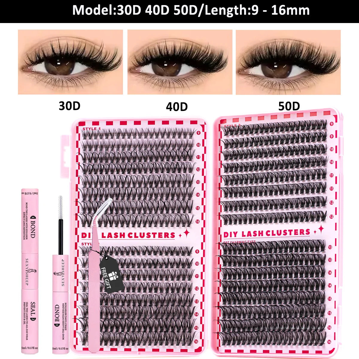 Lash Clusters Kit Cat Lashes with Lash Bond & Seal Cluster Eyelash Extensions Mix Styles Eyelash Clusters Kit DIY at Home Makeup