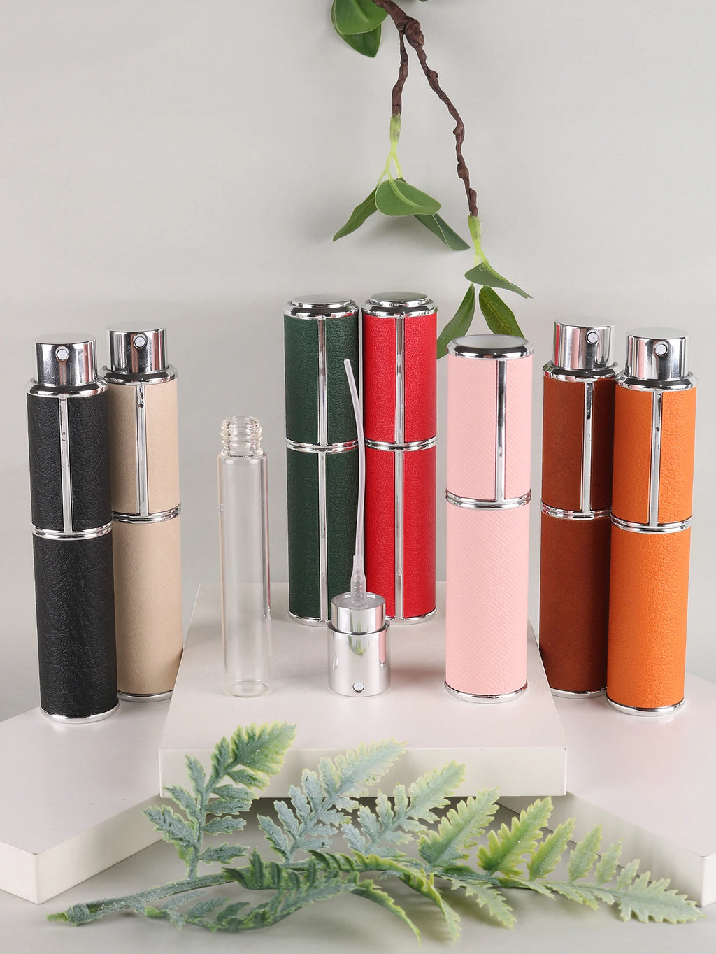 10ml rotary leather perfume bottle, empty refillable travel container, empty cologne bottle, portable spray bottle, pocket size