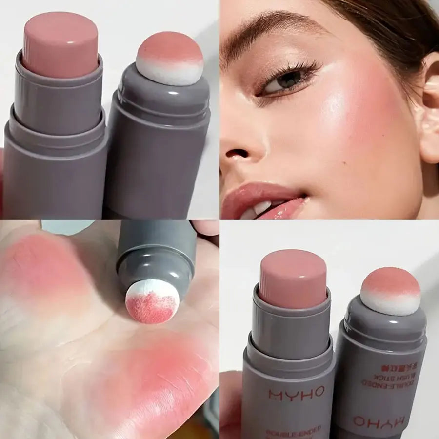 Double Head Sponge Monochrome Powder Blusher Lip and Cheek Dual-Use Durable Matte Natural Rouge Powder Blusher Stick Light Natur