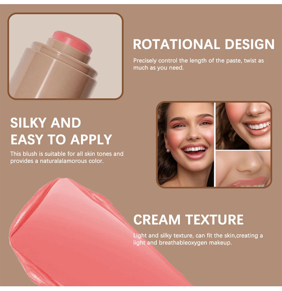 3-in-1Blush Stick Lasting Brightens Facial Cheek Stick Moisturizing Flash Lip Gloss Makeup Lip Gloss Face Rouge