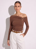 Off-Shoulder Fitted Ruched Long Sleeve Top